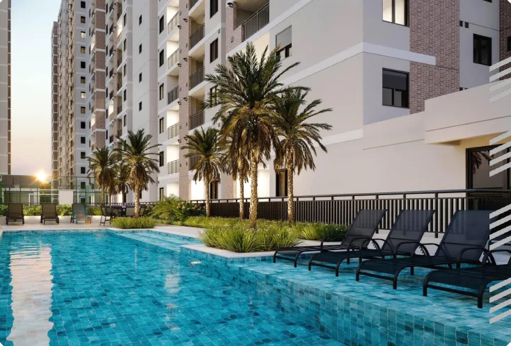 Deck da piscina de um empreendimento Cury na Av. Miguel Yunes